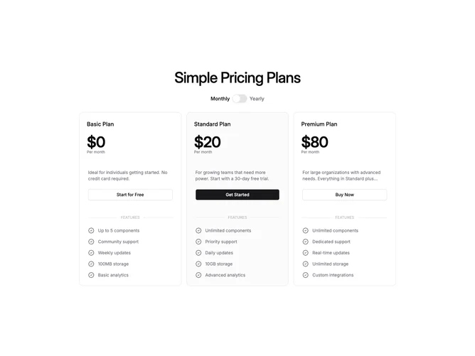 Shadcn Pricing 44 - Narrow stacked three-plan pricing with switch and mobile carousel