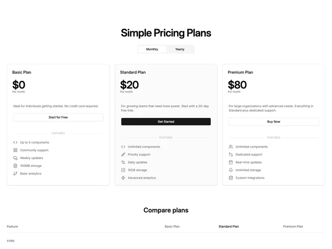 Shadcn Pricing 45 - Three-plan pricing with feature comparison table
