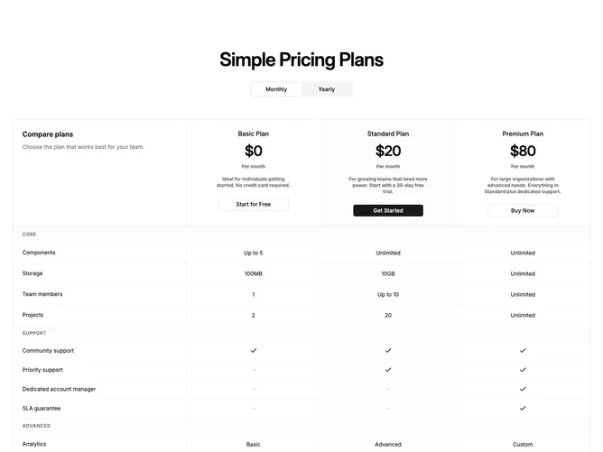 Shadcn Pricing 46 - Unified pricing comparison table