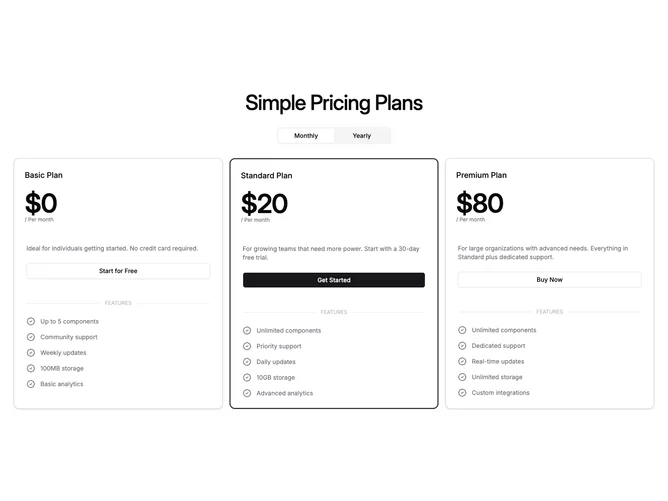 Shadcn Pricing 47 - Container-wide three-plan pricing with toggle and carousel