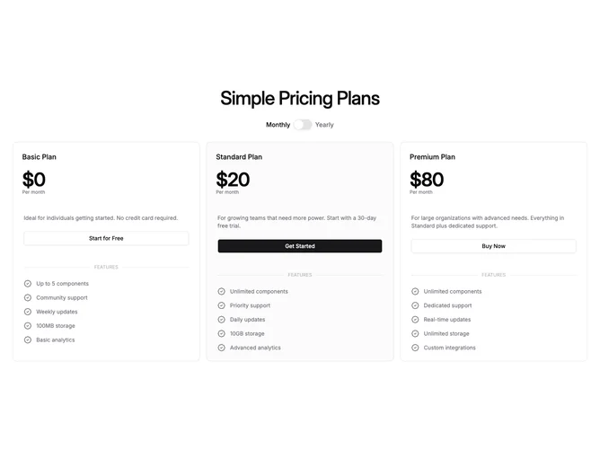 Shadcn Pricing 48 - Full-container three-plan pricing with switch and carousel