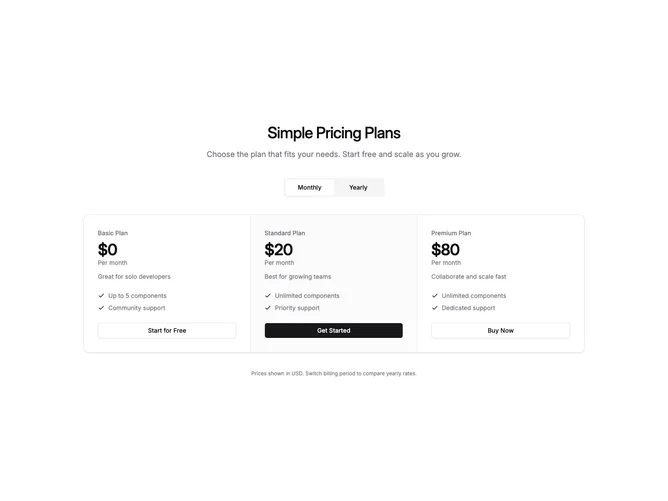 Shadcn Pricing 49 - Three-plan pricing in one horizontal band