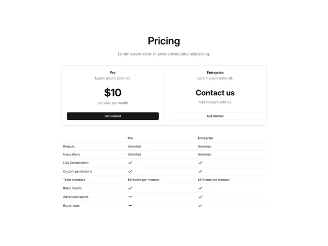 Shadcn Pricing 5 - Two-plan pricing with comparison table