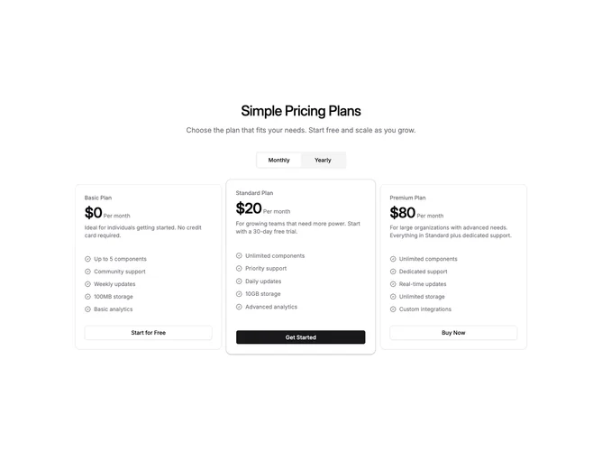 Shadcn Pricing 50 - Three-plan pricing with centered spotlight column