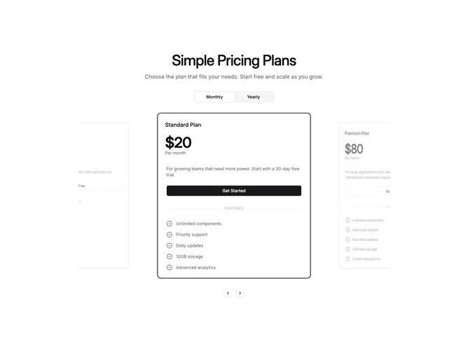 Shadcn Pricing 52 - Three-plan pricing carousel at all breakpoints