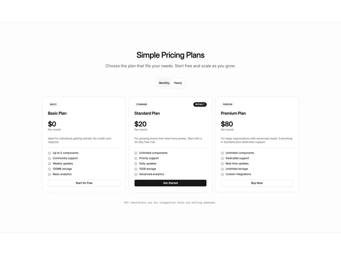 Shadcn Pricing 57 - Developer-style three-plan pricing
