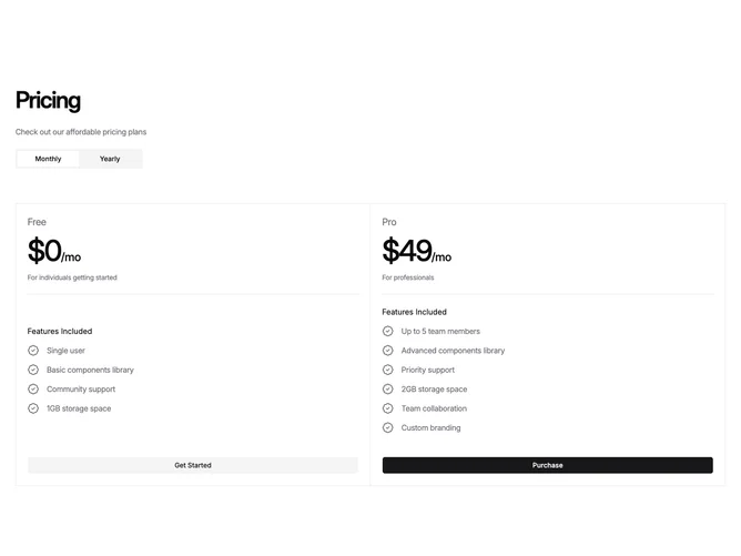 Shadcn Pricing 58 - Editorial Two-Plan Pricing Grid