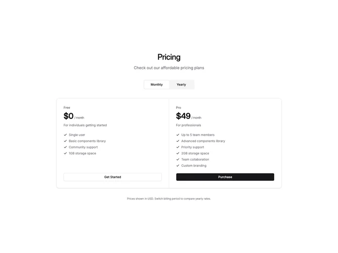 Shadcn Pricing 59 - Compact Two-Plan Pricing Band