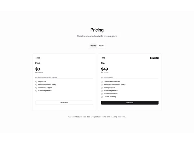 Shadcn Pricing 60 - Developer-Style Two-Plan Pricing