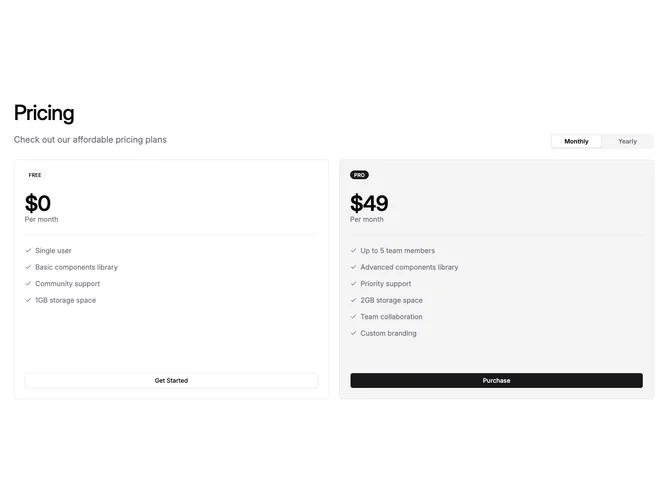 Shadcn Pricing 61 - Left-Aligned Two-Plan Pricing With Tabs