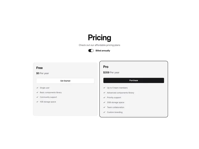 Shadcn Pricing 62 - Spotlight Two-Plan Pricing With Ring