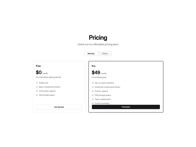 Shadcn Pricing 63 - Asymmetric Two-Plan Pricing With Tabs