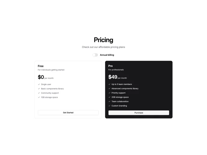 Shadcn Pricing 67 - Two-Plan Pricing With Dark Card Contrast