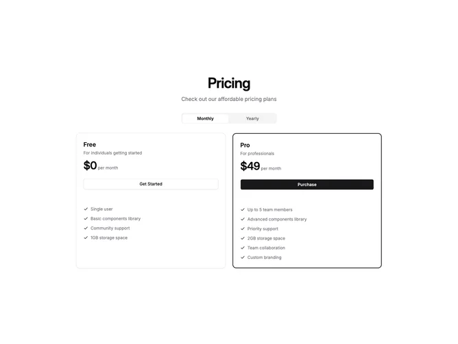 Shadcn Pricing 68 - Two-Plan Pricing With Muted Feature Section