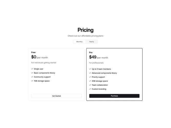 Shadcn Pricing 7 - Two-plan pricing with radio toggle and discount badge