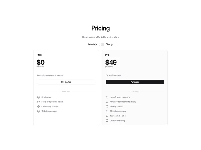 Shadcn Pricing 71 - Two-Plan Pricing With Feature Ribbon