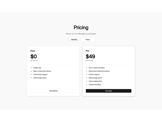 Shadcn Pricing 73 - Elevated Two-Plan Pricing On Muted Surface