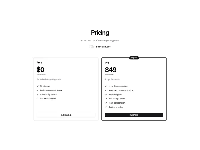 Shadcn Pricing 74 - Two-Plan Pricing With Popular Pill Badge