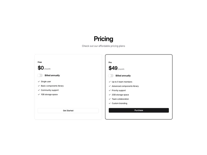 Shadcn Pricing 75 - Two-Plan Pricing With Per-Card Billing Switch