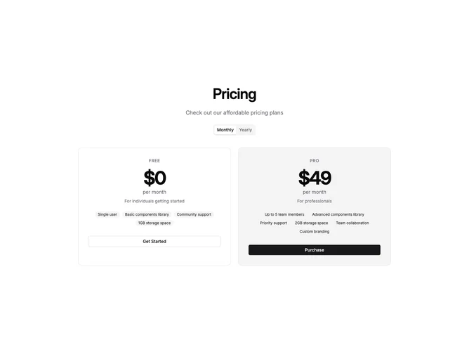 Shadcn Pricing 76 - Display Price Two-Plan Pricing With Feature Badges