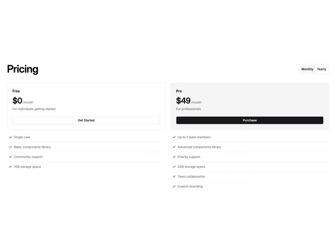 Shadcn Pricing 78 - Two-Plan Pricing With Dashed Feature Separators