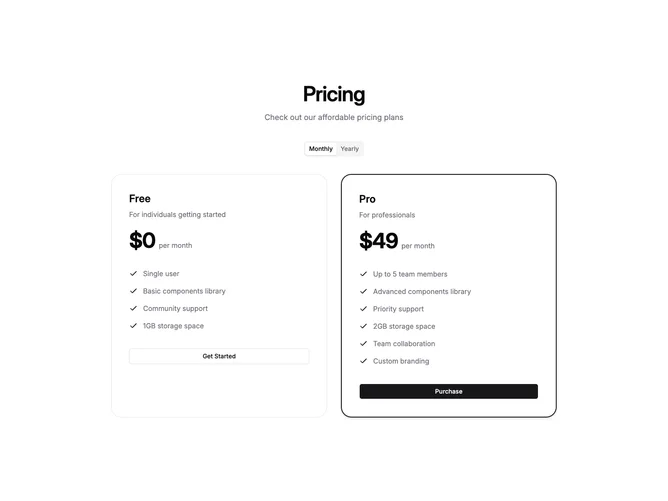 Shadcn Pricing 79 - Spacious Rounded Two-Plan Pricing
