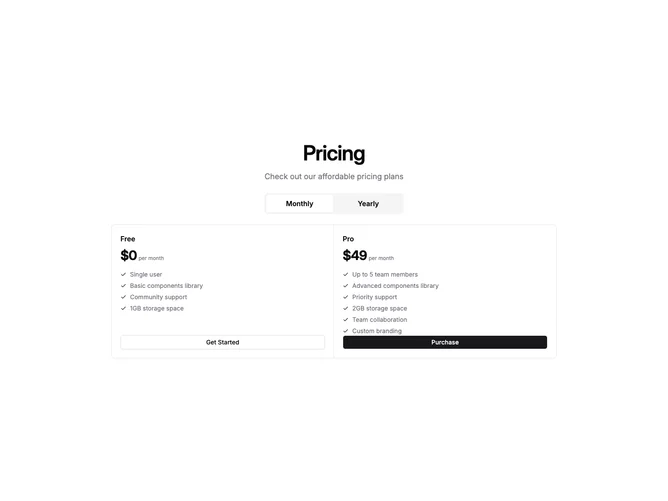 Shadcn Pricing 82 - Compact Two-Plan Pricing Strip