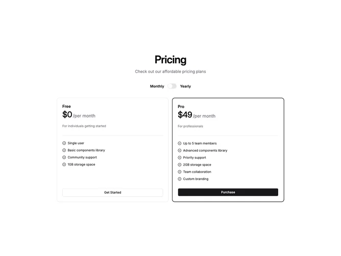 Shadcn Pricing 83 - Wide two-plan pricing with billing toggle