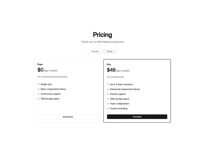 Shadcn Pricing 84 - Container-wide pricing7-style two tiers