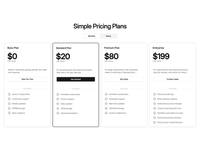 Shadcn Pricing 85 - Four-plan pricing carousel with billing toggle