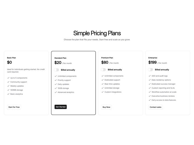 Shadcn Pricing 86 - Four-plan cards with annual billing switch