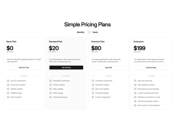 Shadcn Pricing 87 - Four-plan carousel with centered billing switch