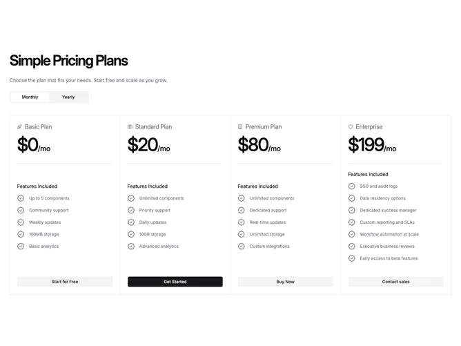 Shadcn Pricing 88 - Four-column editorial pricing strip