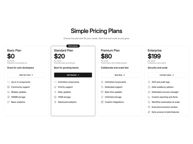 Shadcn Pricing 89 - Four-plan cards with optional feature icons