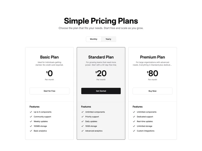 Shadcn Pricing 90 - Three tall pricing cards with billing toggle