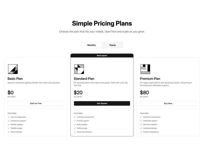 Shadcn Pricing 91 - Three plan columns with tier logos and billing toggle