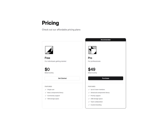 Shadcn Pricing 92 - Narrow two plan columns with tier logos