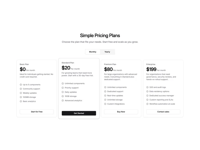 Shadcn Pricing 93 - Four-plan grid with spotlight column scale and shadow