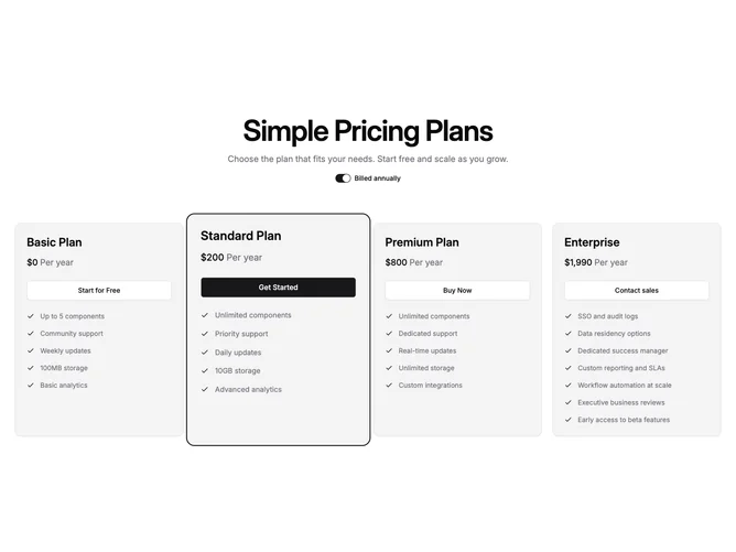 Shadcn Pricing 94 - Four-plan pricing with muted ring cards and scale emphasis
