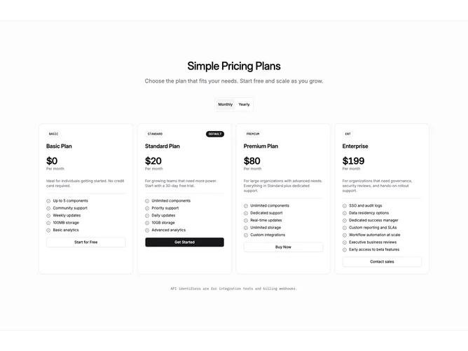 Shadcn Pricing 95 - Developer-style four-plan pricing