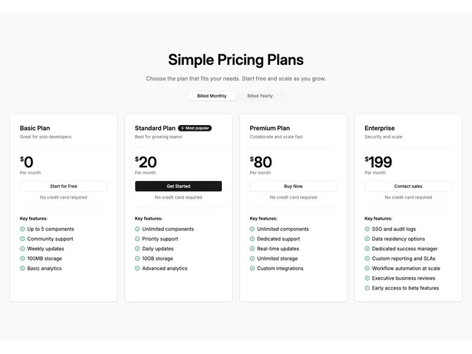 Shadcn Pricing 96 - Tinted four-plan pricing with badge accents