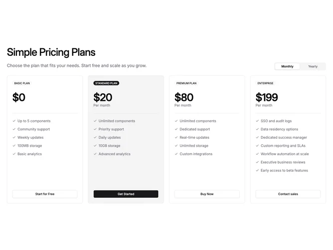 Shadcn Pricing 97 - Four-plan pricing with left heading and tab billing