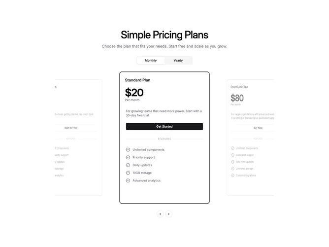 Shadcn Pricing 98 - Four-plan 3D coverflow pricing carousel