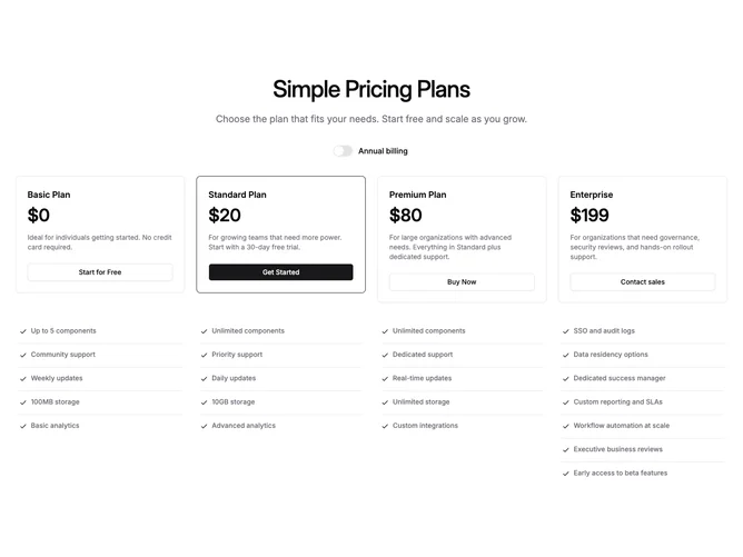 Shadcn Pricing 99 - Four-plan pricing with detached feature lists