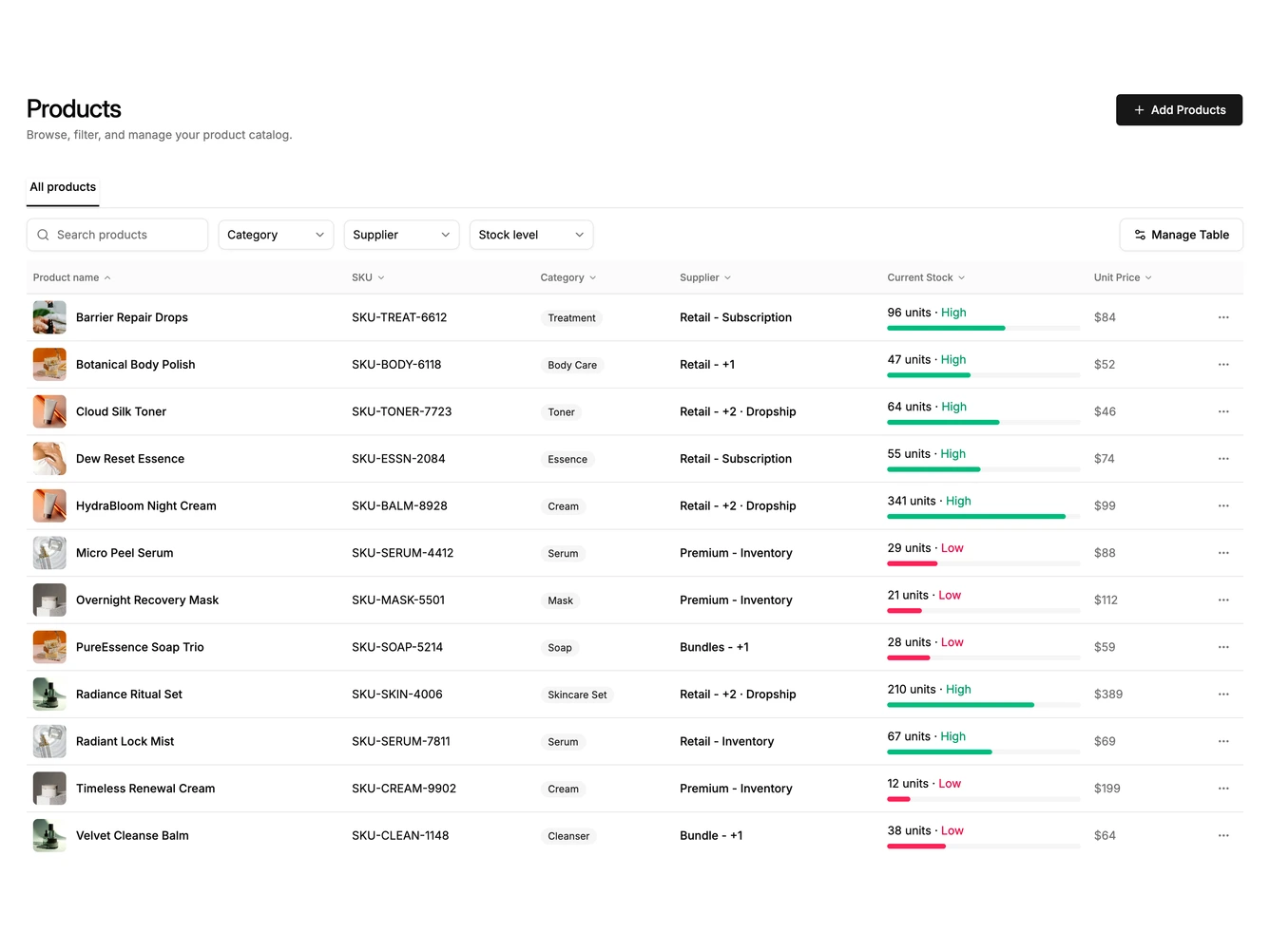 Shadcn Product Inventory Blocks