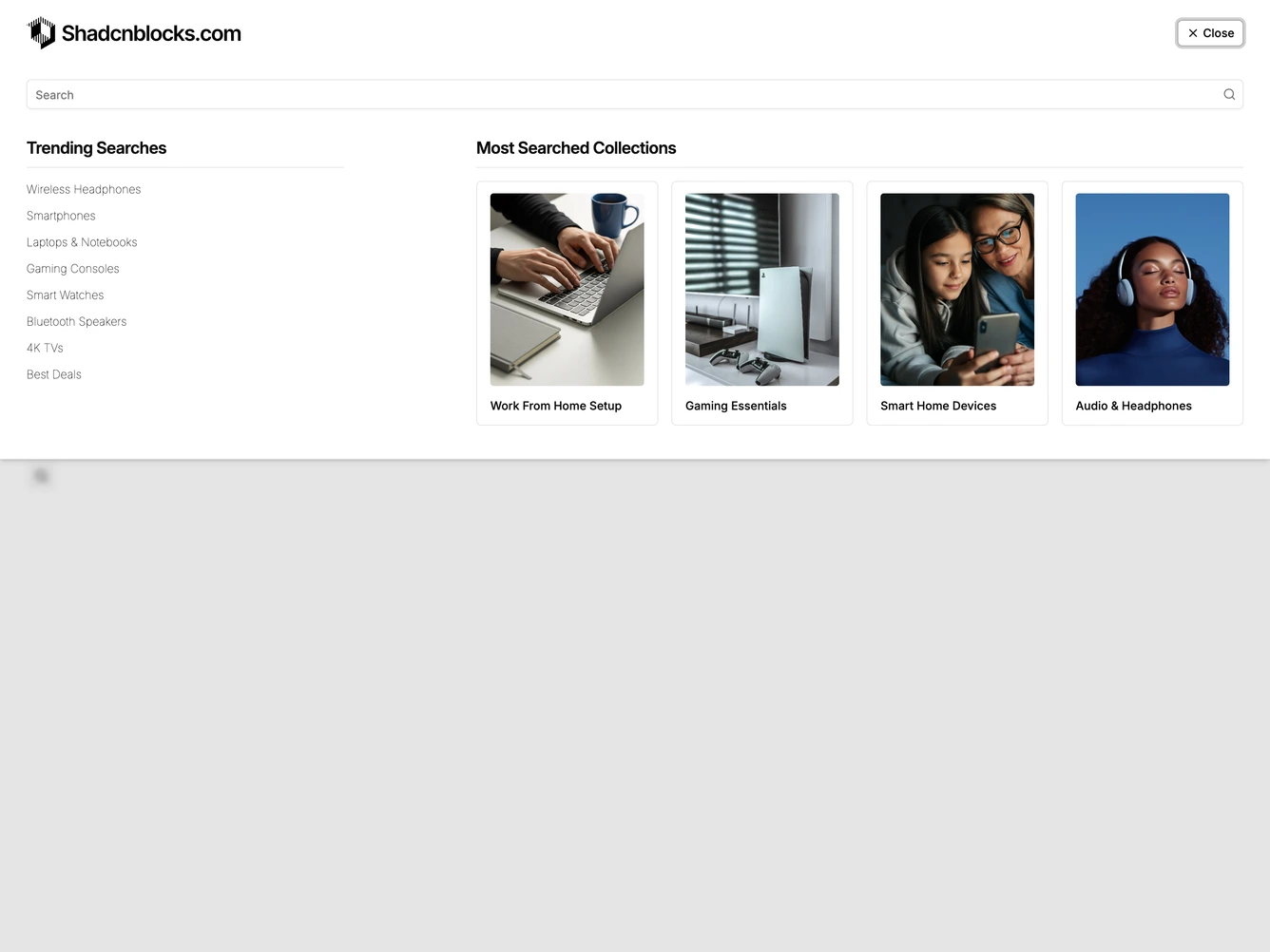 Shadcn Product Search 3 - Search sheet with trending collections