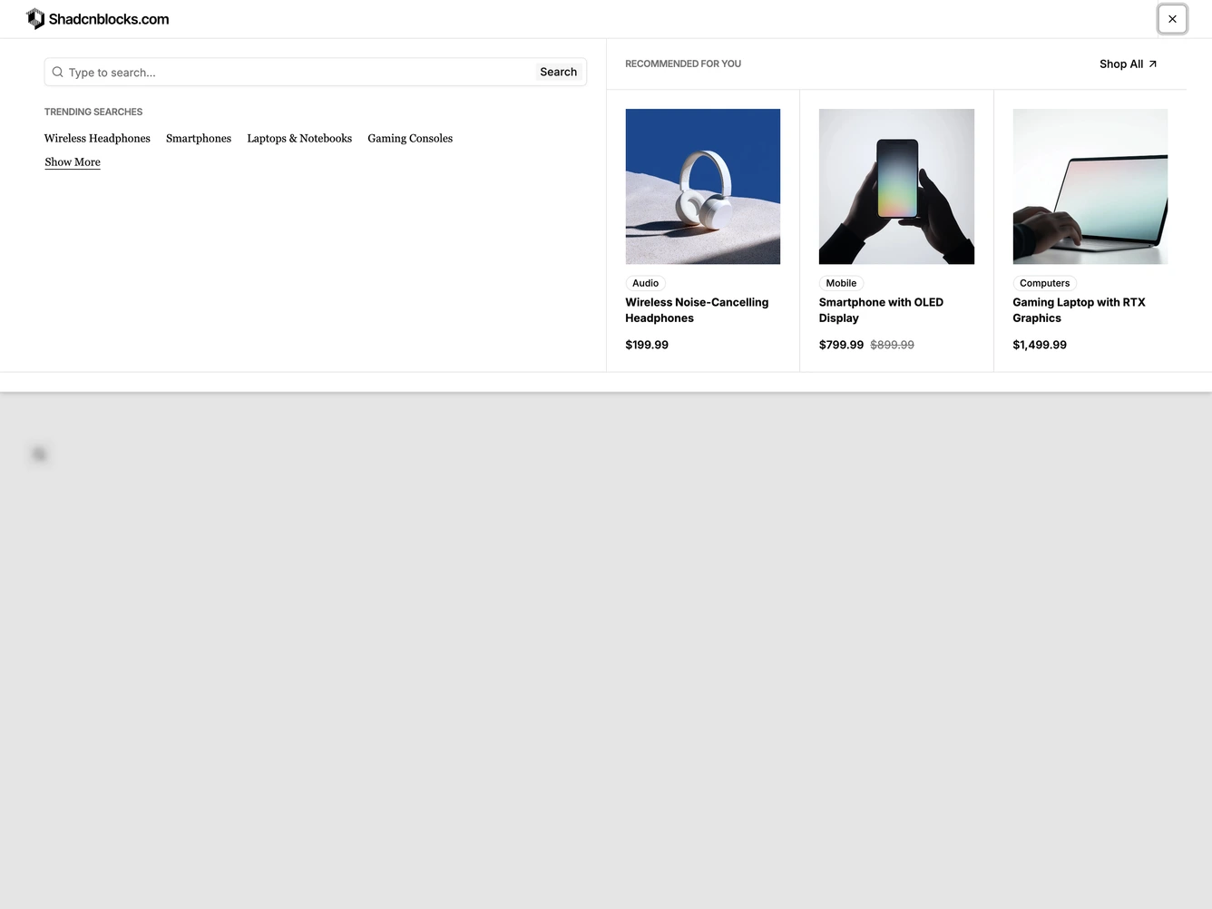 Shadcn Product Search 4 - Search sheet with recommendations