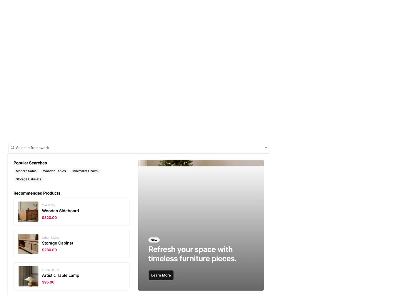 Shadcn Product Search 7 - Combobox search with promo panel