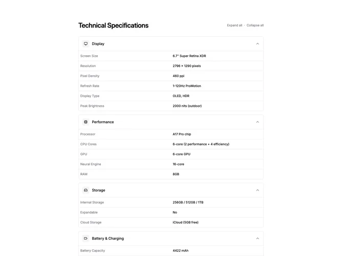 Shadcn Product Specs Blocks