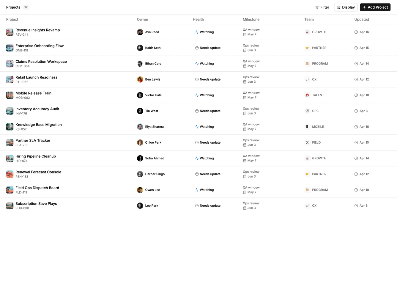 Shadcn Project List 3 - Project health table